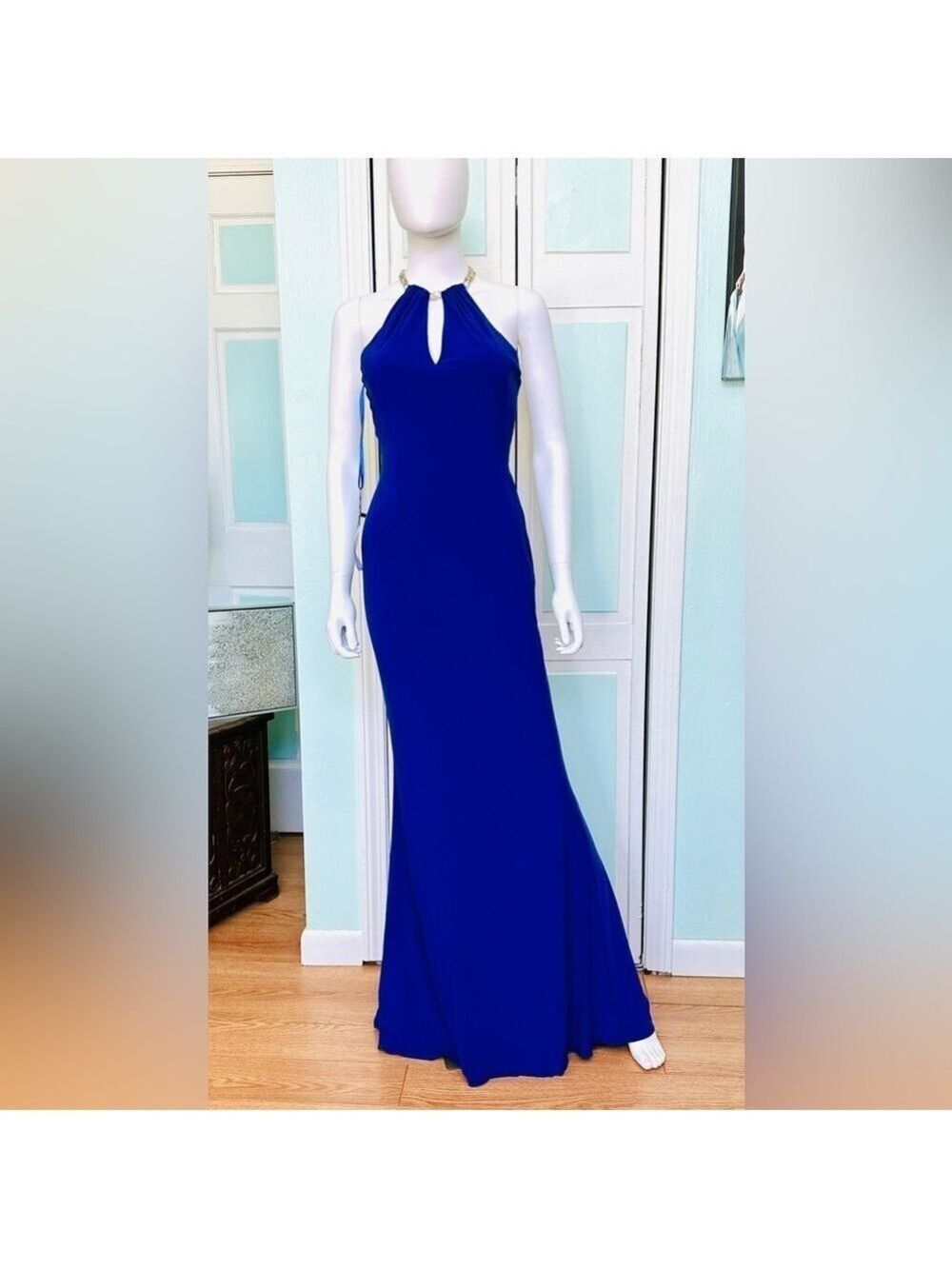 Size 0 2 Faviana Sapphire Royal Blue Stretch gown Prom Dress Open back fitted